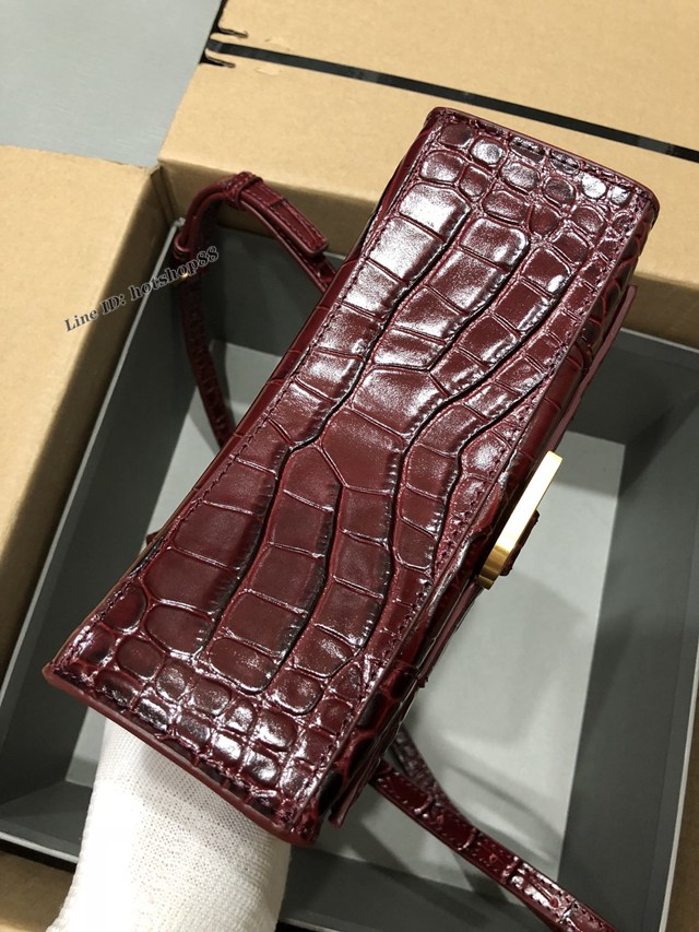 Balenciaga專櫃爆款小號手提女包 巴黎世家鱷魚酒紅色金扣Hourglass沙漏包 fyj1649